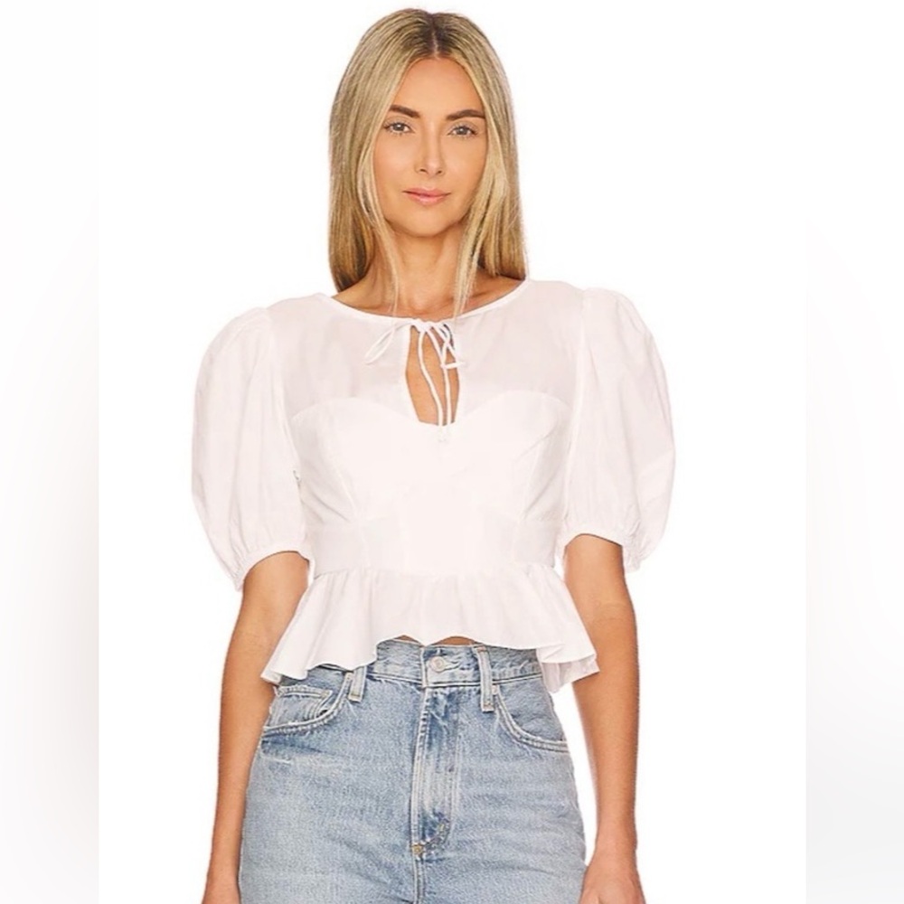 For Love & Lemons -Jocelyn Puff Sleeve Peplum Crop Top